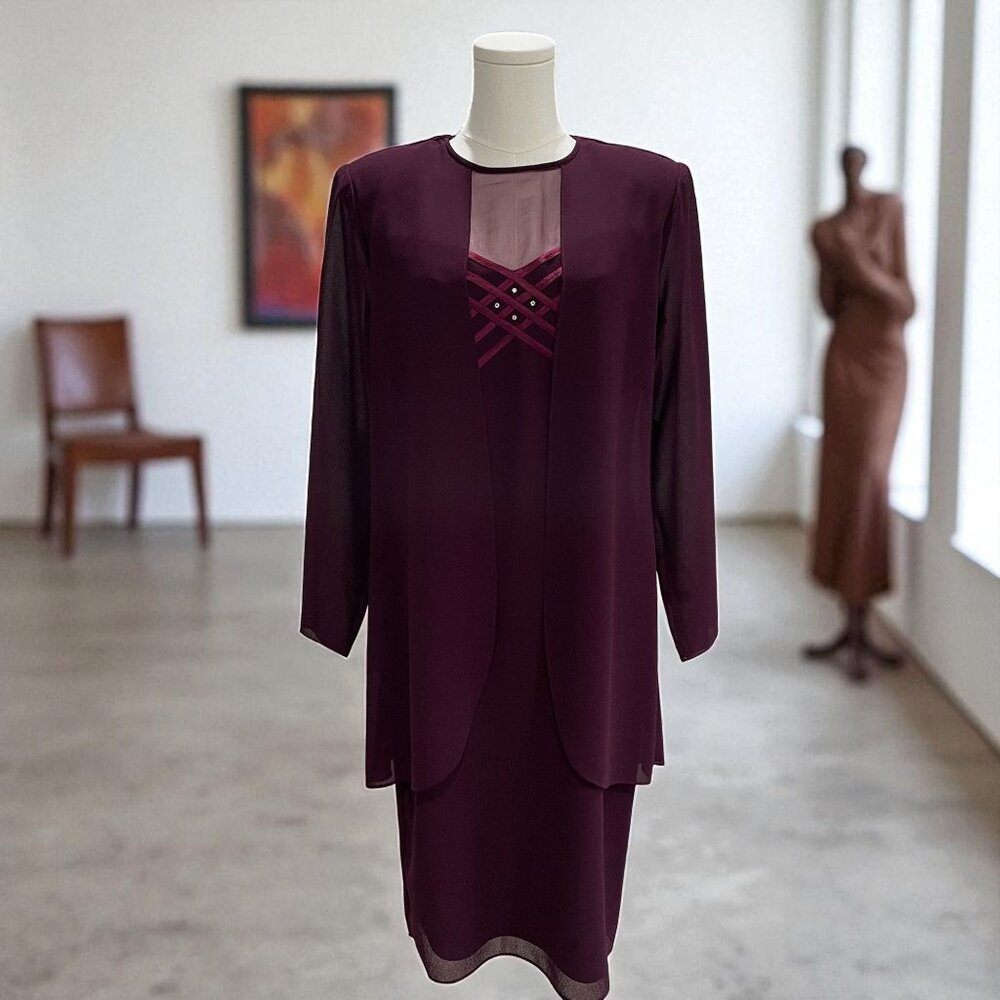 Patra Burgundy Evening Dress Jacket Overlay Womens Size 8 Elegant Formal Wedding